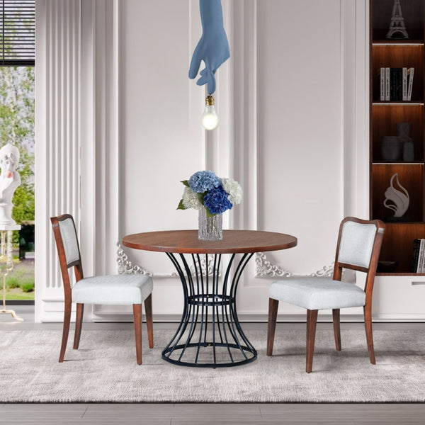 English Elm 42" Round Oak Veneer Pedestal Table Set with Beige Linen Chairs for Cozy Nooks N842S000127D