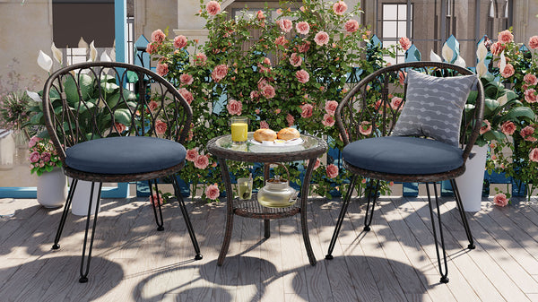 English Elm U_STYLE 2-Piece Rattan Patio Bistro Set with Tempered Glass Table and Plush Polyester Cushions for Outdoor Comfort Blue+Brown N711P256422C