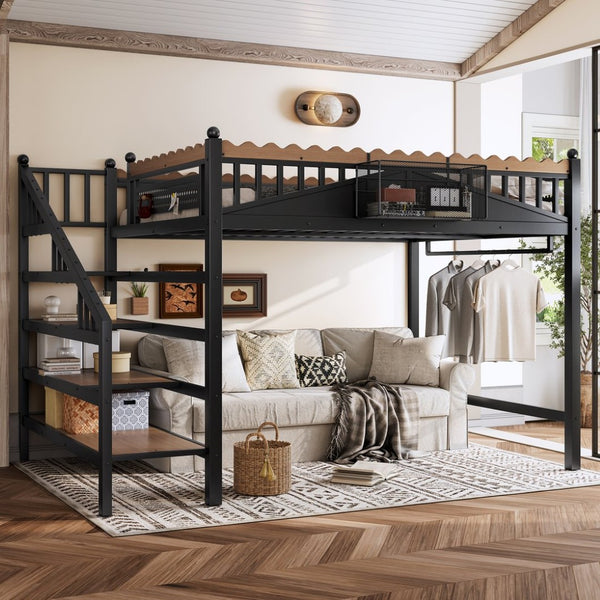English Elm Twin Xl Metal Loft Bed with Stair Storage Shelves Sturdy Steel Frame for Dorms W1580S00379