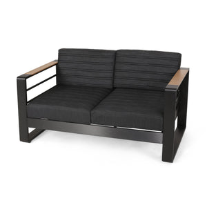 English Elm Christopher Knight Home® - GIOVANNA Loveseat Black Aluminum Frame with WPC Arm Accents, Water-Resistant Cushions, Weatherproof 71735.00BLK