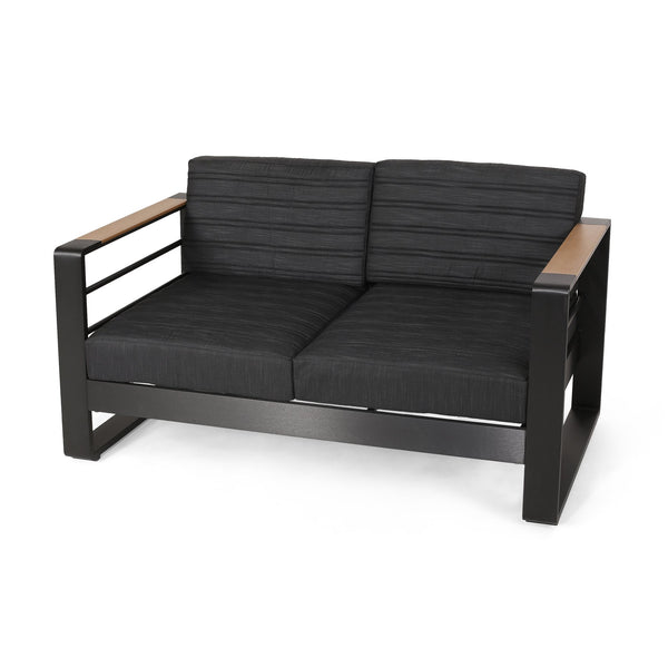 English Elm Christopher Knight Home® - GIOVANNA Loveseat Black Aluminum Frame with WPC Arm Accents, Water-Resistant Cushions, Weatherproof 71735.00BLK
