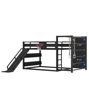 English Elm Twin Metal Loft Bed with Slide Basketball Hoop Climbing Wall and Built-in Shelves W1580S00343