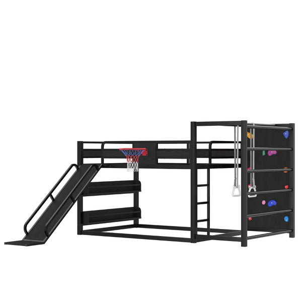 English Elm Twin Metal Loft Bed with Slide Basketball Hoop Climbing Wall and Built-in Shelves W1580S00343