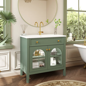 English Elm 35.6" Freestanding Bathroom Vanity with Roman Column Base and Ceramic Integrated Sink Green W1801S00014