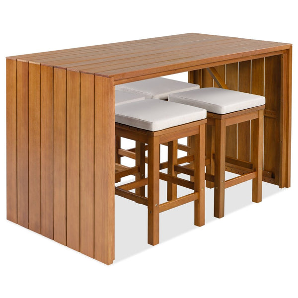 English Elm 5 Piece Acacia Wood Outdoor Bar Set with Four Cushioned Stools for Patio Dining N704G201252K