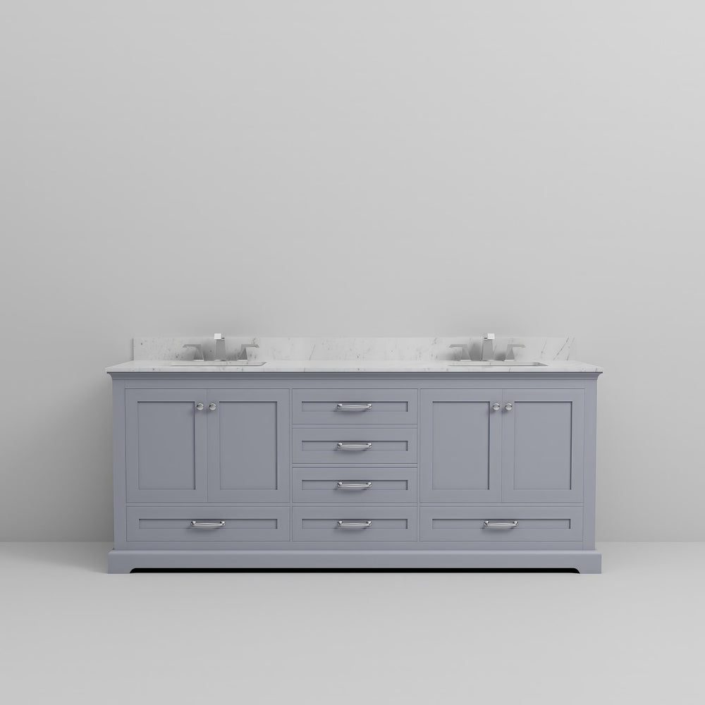 English Elm Dark Grey Double Bath Vanity 80" W x 22" D with Carrara Marble Top, Chrome Faucets, Soft-Close Storage B2731P258402