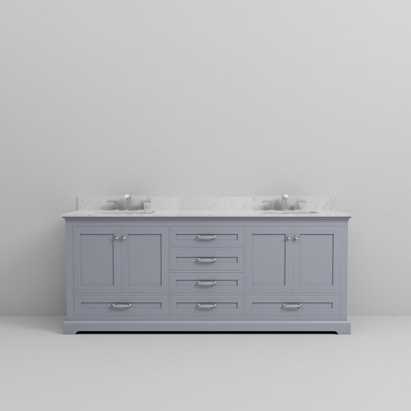 English Elm Dark Grey Double Bath Vanity 80" W x 22" D with Carrara Marble Top, Chrome Faucets, Soft-Close Storage B2731P258402
