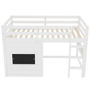 English Elm Twin Loft Bed House Frame with Sliding Chalkboard Built-in Bookshelf and Safety Rails White W1580S00319