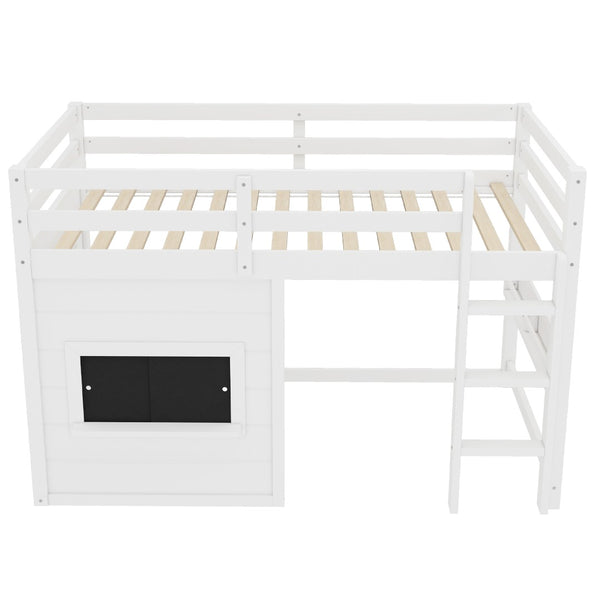English Elm Twin Loft Bed House Frame with Sliding Chalkboard Built-in Bookshelf and Safety Rails White W1580S00319