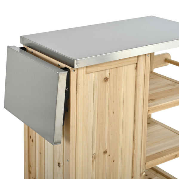 English Elm Foldable Outdoor Kitchen Cart with Stainless Worktop Fir Wood Frame and Lockable Wheels Natural N719P380281N