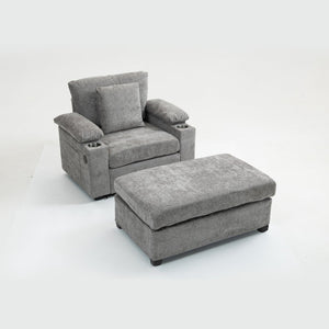 English Elm Ergonomic Oversized Chair with Ottoman Firm Chenille Support, Reclining Sofa Bed, Cupholders & USB Grey W2606P293157