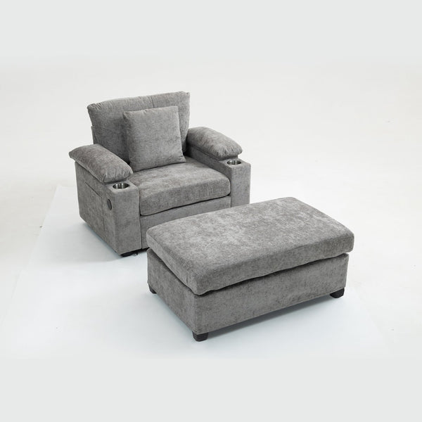 English Elm Ergonomic Oversized Chair with Ottoman Firm Chenille Support, Reclining Sofa Bed, Cupholders & USB Grey W2606P293157