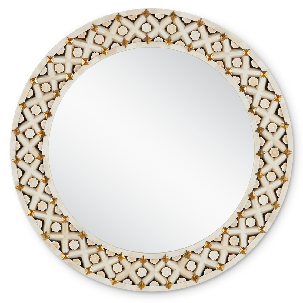 Ellaria Round Mirror - Exquisite Handmade Bone Design with Floral Motifs and Brass Accents, 30"