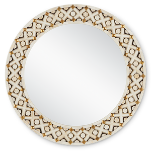 Ellaria Round Mirror - Exquisite Handmade Bone Design with Floral Motifs and Brass Accents, 30"
