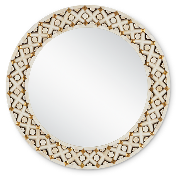 Ellaria Round Mirror - Exquisite Handmade Bone Design with Floral Motifs and Brass Accents, 30"