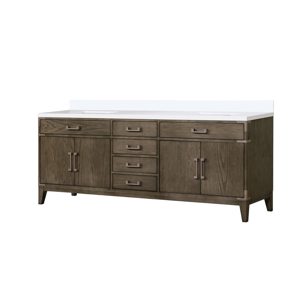 English Elm Grey Oak Double Bath Vanity 84" W X 22" D With White Quartz Top – Modern Style & Ample Storage! B2731P259972