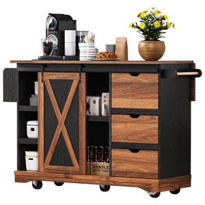 English Elm K&K 55.5" Farmhouse Kitchen Island with Sliding Barn Door, Drop Leaf, Charging Station, Wheels Black N707P288229B