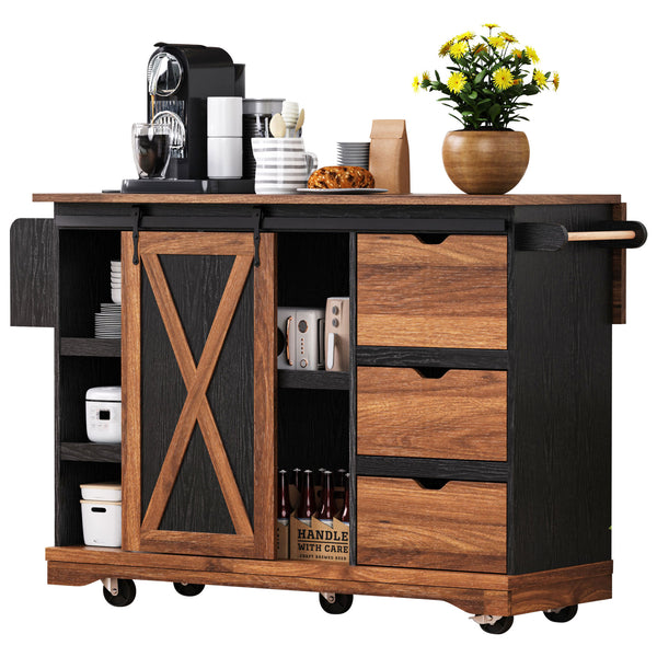 English Elm K&K 55.5" Farmhouse Kitchen Island with Sliding Barn Door, Drop Leaf, Charging Station, Wheels Black N707P288229B