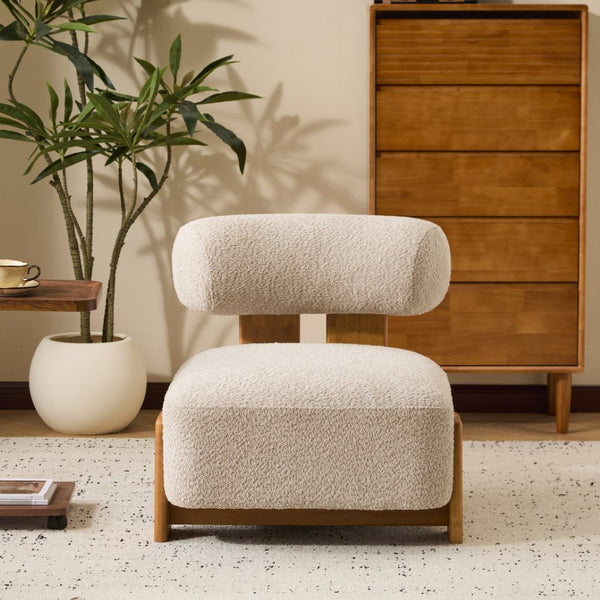 English Elm 27.25" Boucle Lounge Chair Solid Wood Frame Rolled Back Sculptural Living Room Accent N767P354792A