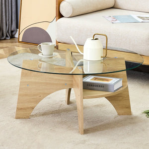 English Elm Round Tempered Glass Coffee Table with Fan Pedestal Base for Modern Living Rooms Natural Wood,Transparent W1151P256001