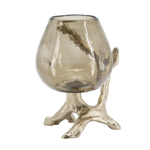 English Elm 8.5x7.1x10.4" Sculptural Olive Glass Pillar Holder on Gold Aluminum Legs W2078P490403
