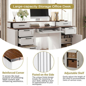English Elm 59" Fluted Oak L-shaped Corner Desk with Charging Station Monitor Stand and File Storage White W2917S00006