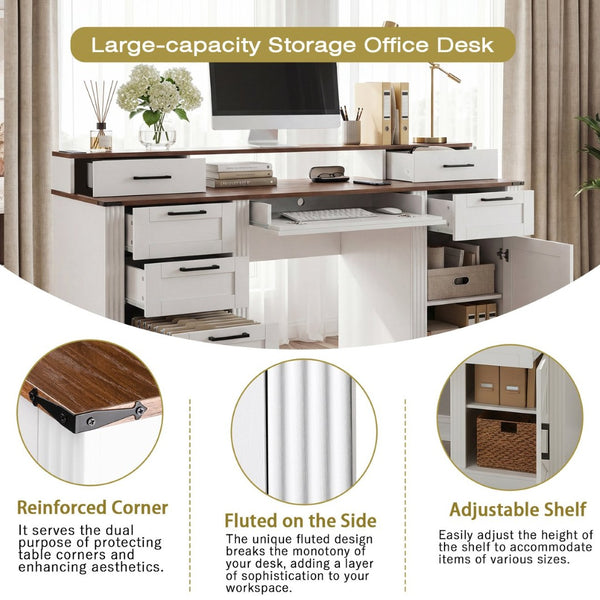 English Elm 59" Fluted Oak L-shaped Corner Desk with Charging Station Monitor Stand and File Storage White W2917S00006