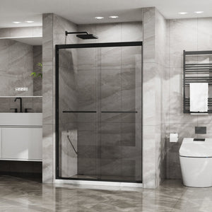 English Elm Goodyo Double Sliding Glass Shower Door - 48" W X 72" H, Matte Black Aluminum Frame, Easy Access D163107684