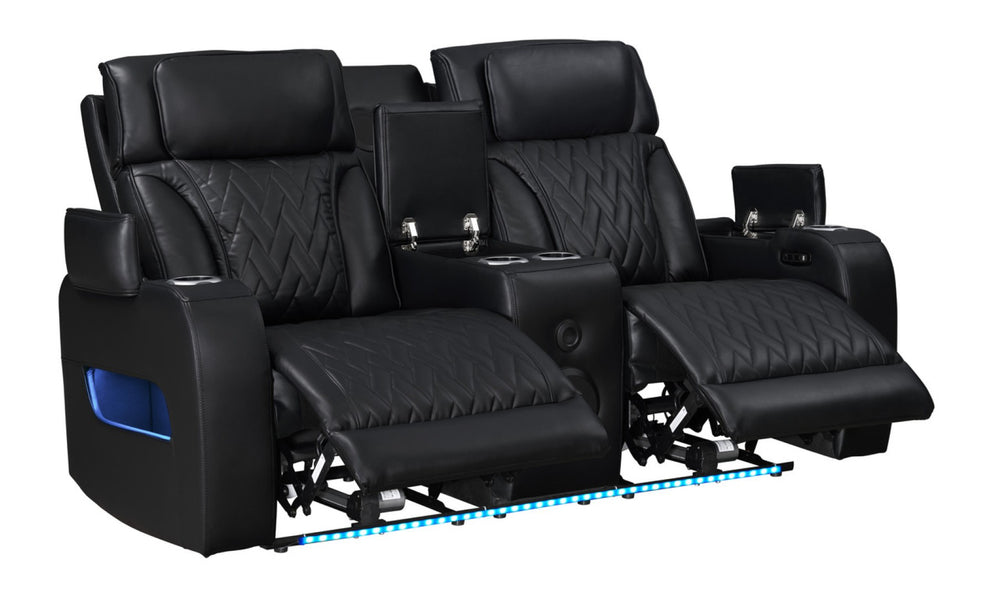 English Elm Jazmina Power Reclining Loveseat with Quilted Leather Aire Bluetooth Speakers and Led Lighting Black B2749P413350