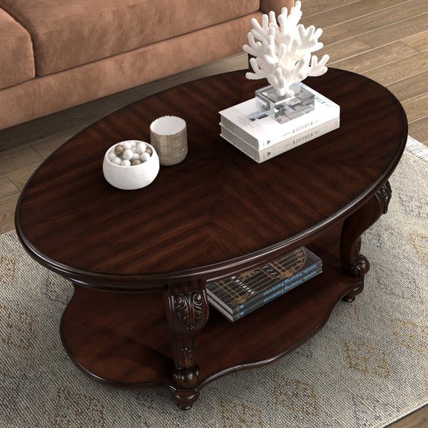 English Elm Living Room Coffee Table Set with Distressed Chipped Wood Top, Solid Wood Legs, Heat-Resistant Veneer Cherry W1202S00002