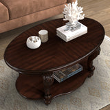 English Elm 42'' Oval Wood Coffee Table For Living Room, 2-Tier Solid Wood Cocktail Table With Open Storage Shelf, Easy Assembly, Cherry