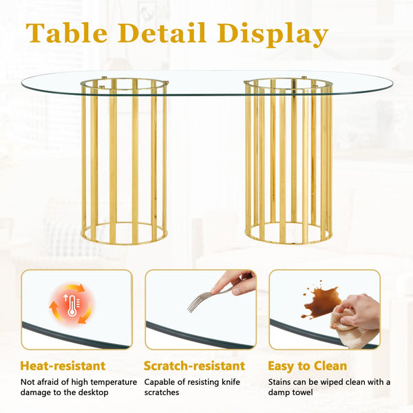 English Elm Table and Chair Set 8 Seater Oval Glass Dining with Glamorous Gold Base Modern Luxe Transparent,White+Gold W1151S04725