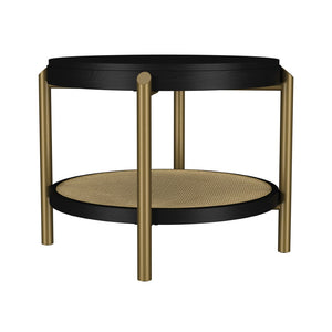 English Elm Round Two Tier Side Table with Rattan Shelf Aged Brass Legs for Living Room Black B016P469756