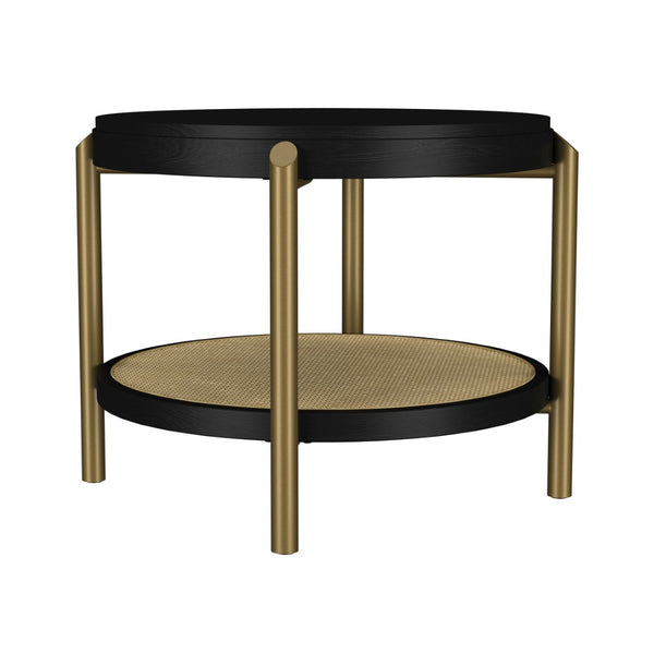 English Elm Round Two Tier Side Table with Rattan Shelf Aged Brass Legs for Living Room Black B016P469756