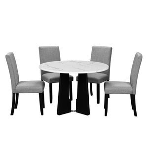 English Elm 5-Piece Round Dining Set with 43" Modern MDF Table and 4 Upholstered Fabric Chairs for Compact Spaces White+gray N752S001055E