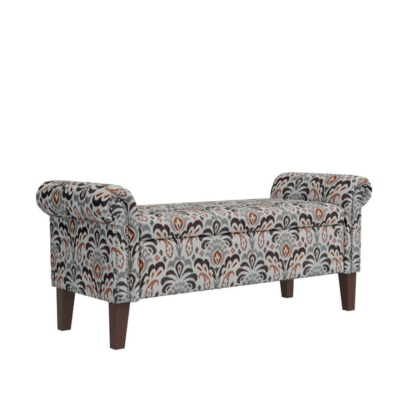 English Elm Wallen Traditional Upholstered Storage Ottoman Bench with Nailhead Trim and Vine Pattern Multi B127P409581