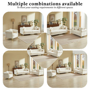English Elm Velvet Chesterfield Tufted Sofa with Copper Stud Trim and Gold Legs for Glam Living Beige W834S00629
