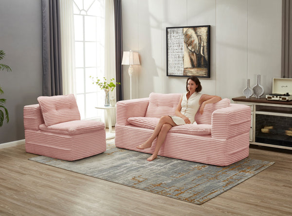 English Elm Multi Functional Sectional Sofa Bed in Baby Pink Plush Corduroy with Independent Chaise, Convertible Sleeper and 3 Pillows, Deep Seat Comfort W3219P387267