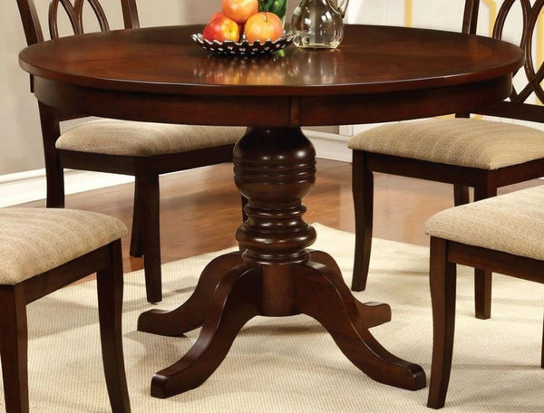 English Elm Contemporary Solid Wood Round Pedestal Dining Set Seats Four in Brown Cherry Finish B2741S00803