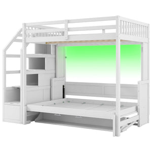 English Elm Full XL Loft Bed with Storage Staircase & Murphy Bed, Solid Pine, LED Light, Space-Saving White N7090004017K