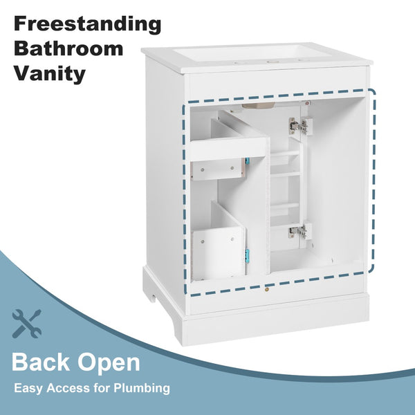English Elm "24'' 24 Inch Glossy Freestanding Bathroom Vanity with Gold Hardware and Soft Close Storage White Pinewood N725P375495K