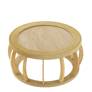 English Elm 35.43"vintage Woven Rattan Round Coffee Table Curved Wood Legs Boho Living Room W757P383547