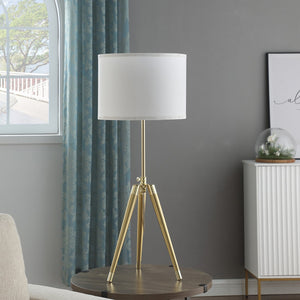 English Elm 35.5" Adjustable Mid-Century Brass/Gold Tripod Table Lamp with White Linen Shade, 25.75"-35.5" Height Adjustable B072P220158