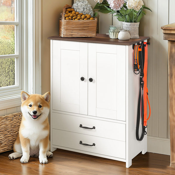 English Elm Dog feeding station with pull-out dual bowls, adjustable heights, storage locker & 3 side hooks, white W1687P270768