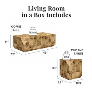 English Elm Moxie Burl Veneer 3 Piece Living Room Table Set with Stackable End Tables B2733P445246