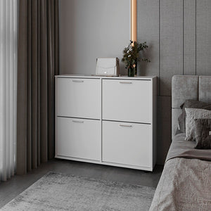 English Elm Deming White Shoe Rack with Four Drop Down Compartments for Entryway or Bedroom B092P315573