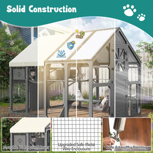 English Elm Large Walk-in Pine Wood Catio Enclosure with Platforms Resting Boxes and Planter Grey N704G201618E