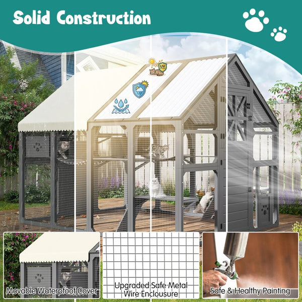 English Elm Large Walk-in Pine Wood Catio Enclosure with Platforms Resting Boxes and Planter Grey N704G201618E