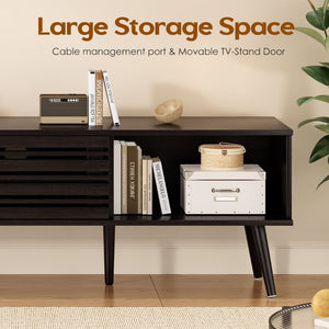 English Elm Mid Century Modern Fluted Wood Media Console with Storage Cabinets for Living Room Dark Walnut T3623P435375