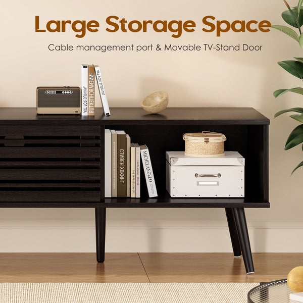 English Elm Mid Century Modern Fluted Wood Media Console with Storage Cabinets for Living Room Dark Walnut T3623P435375